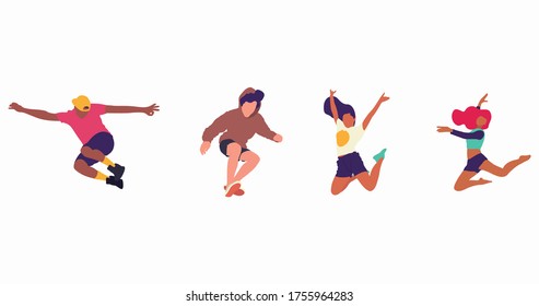 Feliz salto a la imagen plana del vector de la gente. Alegres empleados corporativos dibujan personajes de caricatura. Jóvenes hombres y mujeres vestidos de forma casual aislaron a clipart. Diverso grupo de personas.