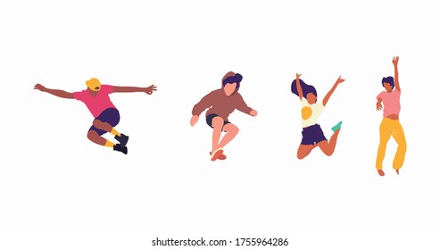 Feliz salto a la imagen plana del vector de la gente. Alegres empleados corporativos dibujan personajes de caricatura. Jóvenes hombres y mujeres vestidos de forma casual aislaron a clipart. Diverso grupo de personas.