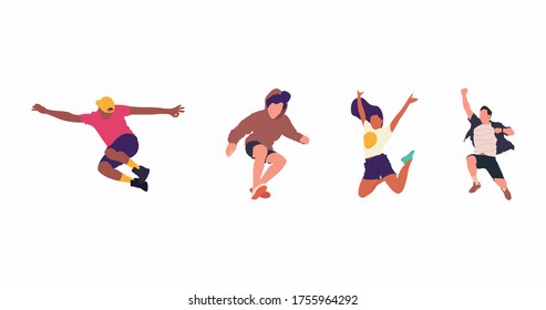 Happy Springen Menschen flach Vektorgrafik. Fröhliche Cartoon-Figuren für Firmenmitarbeiter. Junge männliche und weibliche Menschen in Gelegenheitskleidung isolierte Clipkunst. Verschiedene Gruppen von Menschen.