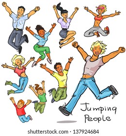 Happy jumping people, hand drawn cartoon young people, set.
