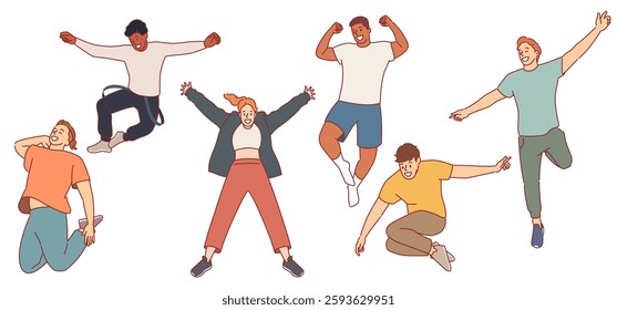 Happy jumping people. Men and women in various poses, smiling friends group, positive emotions, laughing persones in motion. Active characters cartoon flat isolated decent vector set