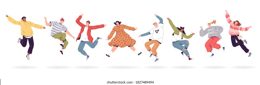 Happy jumping people in modern clothes. Young men and women laugh, rejoice and jump. The concept of friendship, success and teamwork