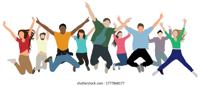 Happy jumping people rejoice in victory, success, and happiness. Crowd of cheerful people at party, holiday. Hands up. Vector illustration