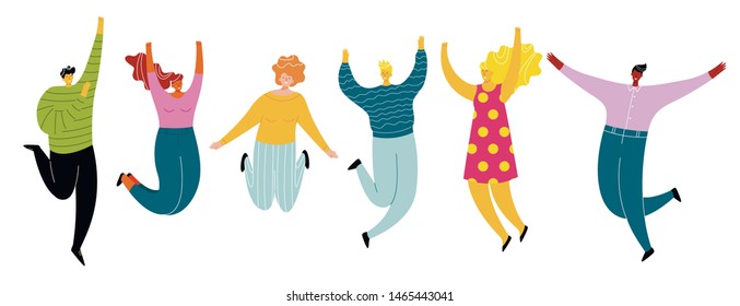 Happy jumping people set, cheerful and active group. Vector flat style cartoon jumping people illustration isolated on white background