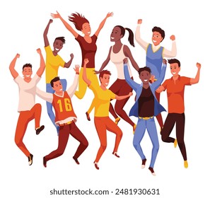 Happy jumping people set. Happy positive young men and women. Group of young joyful laughing people jumping with raised hands isolated on white background