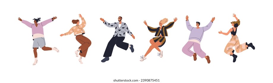 Happy jumping people set. Young energetic men, women celebrating with joy, positive energy. Cheerful excited joyful characters exulting. Flat graphic vector illustration isolated on white background