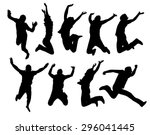 Happy jumping people silhouettes. Black and white vector collection.
