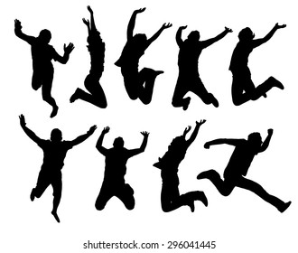 Happy jumping people silhouettes. Black and white vector collection.