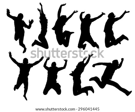 Happy jumping people silhouettes. Black and white vector collection.
