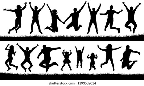 Happy jumping people, silhouettes set. Cheering young children, audience. Bounce trampoline. Isolated Vector Illustration