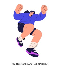 Happy jumping people. Young woman get success, overcome obstacle, challenge. Girl rejoice, celebrating victory in sport event. Healthy lifestyle. Flat isolated vector illustration on white background