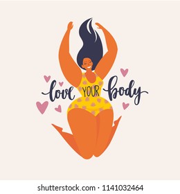 Happy jumping plus size girl. Happy body positive concept. Different is beautiful. Attractive overweight woman. For Fat acceptance movement no fatphobia. Vector illustration on retro background.