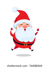 Happy jumping Santa Claus vector illustration isolated on white background. Father Christmas leaps in air greeting everyone and smiling from joy