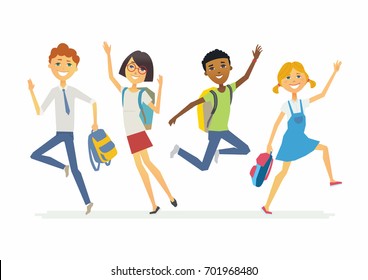 Happy jumping schoolchildren - cartoon people characters isolated illustration. Smiling boys and girls waving hands and jumping. Make a great presentation with these international students