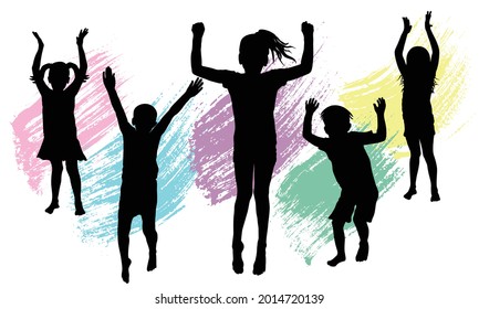 Happy jumping and standing black silhouettes of children and color smear brush. Vector illustration