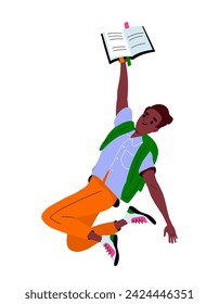 Happy jumping student concept. Guy in casual clothes with book and backpack. Education, learning and training. Poster or banner. Cartoon flat vector illustration isolated on white background