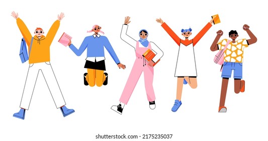 Happy jumping students with books and backpacks. Vector flat illustration of group of diverse young people joy, have fun and jump isolated on white background