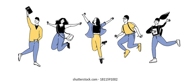 Happy jumping students. Group of cheerful young men and women with backpacks and books. Simple line doodle vector characters isolated on white background.