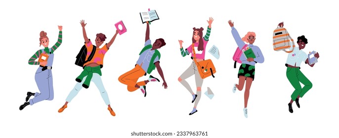 Happy jumping students set. Happy teenagers with backpacks and books. Young characters wave hands and back to school. Greeting new educational year. Cartoon flat vector isolated on white background