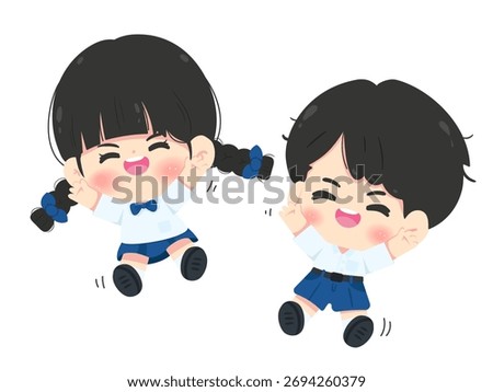 Happy jumping students vector illustration. Cute cartoon Thai boy and girl in school uniforms celebrating. Isolated character set for back-to-school, success, or fun.