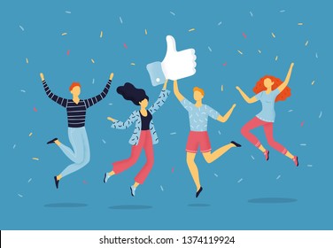 Happy jumping team members. Flat design. Cartoon style men and women rejoice. Concepts of partnership, teamwork, celebration or enjoying life.