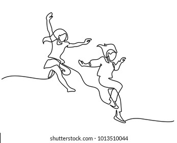 Happy jumping two girls  Continuous line drawing  Vector illustration white background