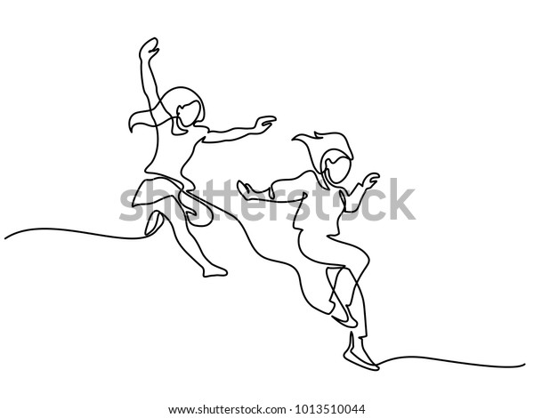 幸せに2人の女の子を飛び跳ねる 実線図面 白い背景にベクターイラスト のベクター画像素材 ロイヤリティフリー