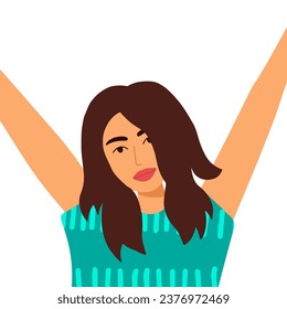 Happy jumping woman blue blouse in flat cartoon style - vector illustration