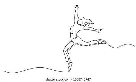 Happy jumping woman. Continuous one line drawing. Vector illustration.