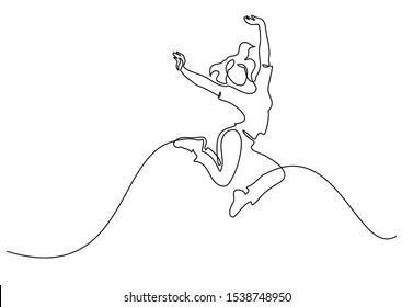 Happy jumping woman. Continuous one line drawing. Vector illustration.