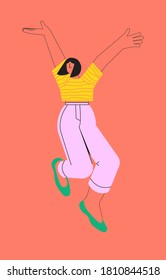 Happy jumping woman, girl in a t-shirt, jeans, shoes on pink background. Flat cartoon style in bright colors. People positive emotions concept.