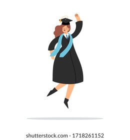 Happy jumping woman, graduated girl celebrating. Cartoon student in traditional graduation gown and cap. Educated university or collage graduating female character. Flat isolated vector illustration.