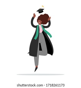 Happy jumping woman, graduated girl celebrating. Cartoon student in traditional graduation gown and cap. Educated university or collage graduating female character. Flat isolated vector illustration.