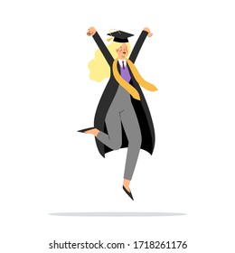 Happy jumping woman, graduated girl celebrating. Cartoon student in traditional graduation gown and cap. Educated university or collage graduating female character. Flat isolated vector illustration.