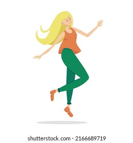 Happy jumping woman isolated on white. Floating woman vector illustration.