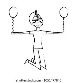 happy jumping woman with party hat holding balloon