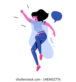 Happy jumping woman with speech bubble. Modern faceless female caracter jumping in the air in excitement. Vivid colored vector design.