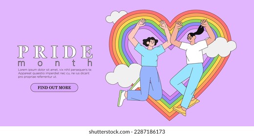 Happy jumping woman in trendy flat style on rainbow heart background. Concept of lesbian or bisexual couple or marriage, best friends, lgbt, love and romance. Girls in love with rainbow in the sky.