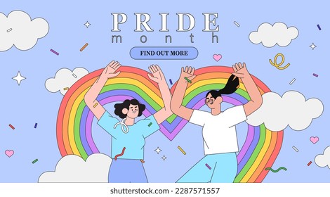 Happy jumping women in trendy flat style blue with clouds background. Concept of gay or bisexual couple celebrate pride month, day, week. People in love with rainbow heart on event, festival or parade