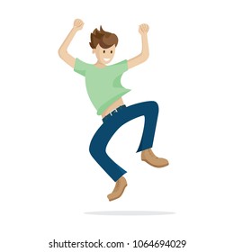 Happy jumping young man vector illustration.
Jumping guy cartoon character.
