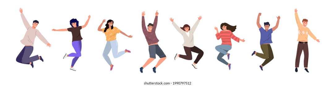 
Happy jumping young people. Cheerful cartoon characters set. The concept of friendship, happiness, joy and success. A set of funny characters isolated on white background, flat vector illustration