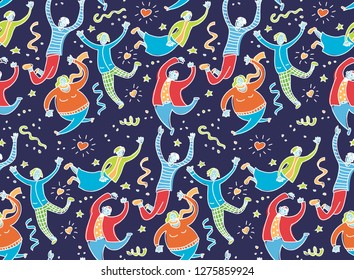 Happy jumping young people dark seamless pattern