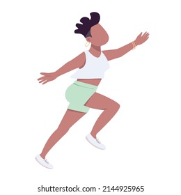 Happy jumping young woman semi flat color vector character. Showing happiness. Running figure. Full body person on white. Simple cartoon style illustration for web graphic design and animation