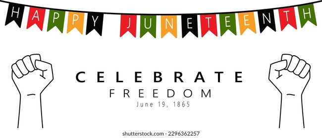 Happy Juneteenth banner template. Celebrate freedom. Outline Clenched fists and festive flags in colors Of Black History Month Flag. African American Independence Day. Vector illustration on White