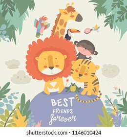 Happy jungle animals. Best friends