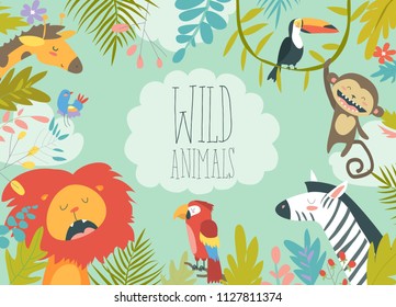 Happy jungle animals creating a framed background