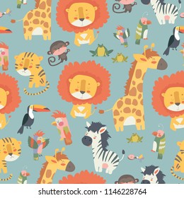 Happy jungle animals seamless pattern