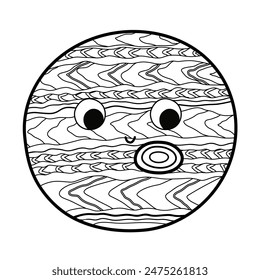 Happy Jupiter Planet in Schwarz-Weiß. Netter lächelnder Clipart der Umrisszeichnung des Sonnensystems. Weltraumelement isoliert. Vektorillustration