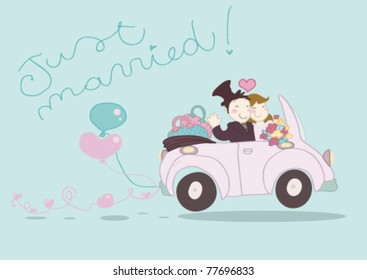 An happy just married couple driving funny car.