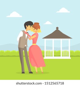 Happy Just Married Couple, Romantic Bride and Groom Characters Embracing on Summer Natural Landscape Vector Illustration